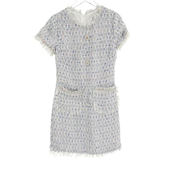 MAC DUGGAL Dress Size S Evening Gown Blue Tweed NEW Mini Textured Pockets Button - Picture 2 of 7